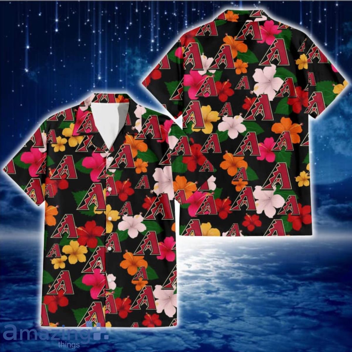 Arizona Diamondbacks Pink Orange Yellow White Hibiscus Black Background 3D Hawaiian Shirt Gift For Fans Product Photo 1