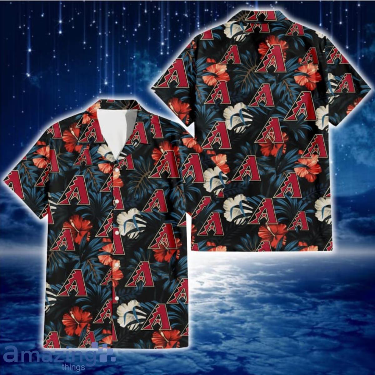 Arizona Diamondbacks Red And White Hibiscus Dark Leaf Black Background 3D Hawaiian Shirt Gift For Fans Product Photo 1