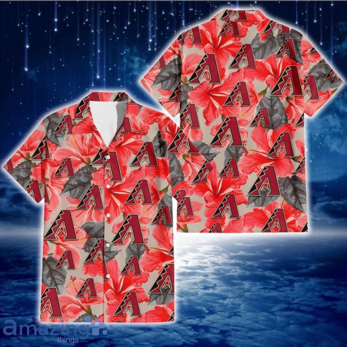 Arizona Diamondbacks Red Hibiscus Gray Leaf Beige Background 3D Hawaiian Shirt Gift For Fans Product Photo 1
