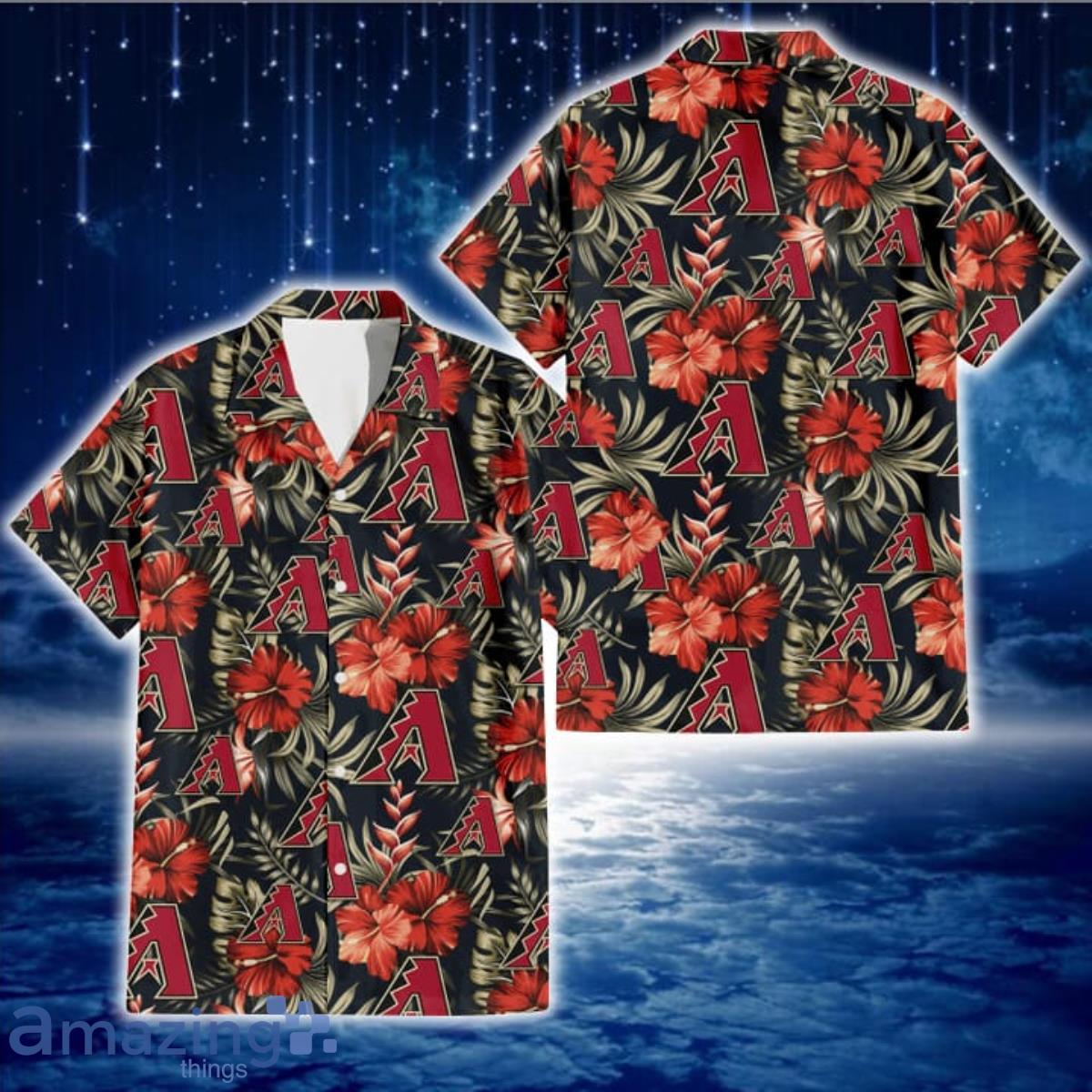 Arizona Diamondbacks Red Hibiscus Green Leaf Dark Background 3D Hawaiian Shirt Gift For Fans Product Photo 1