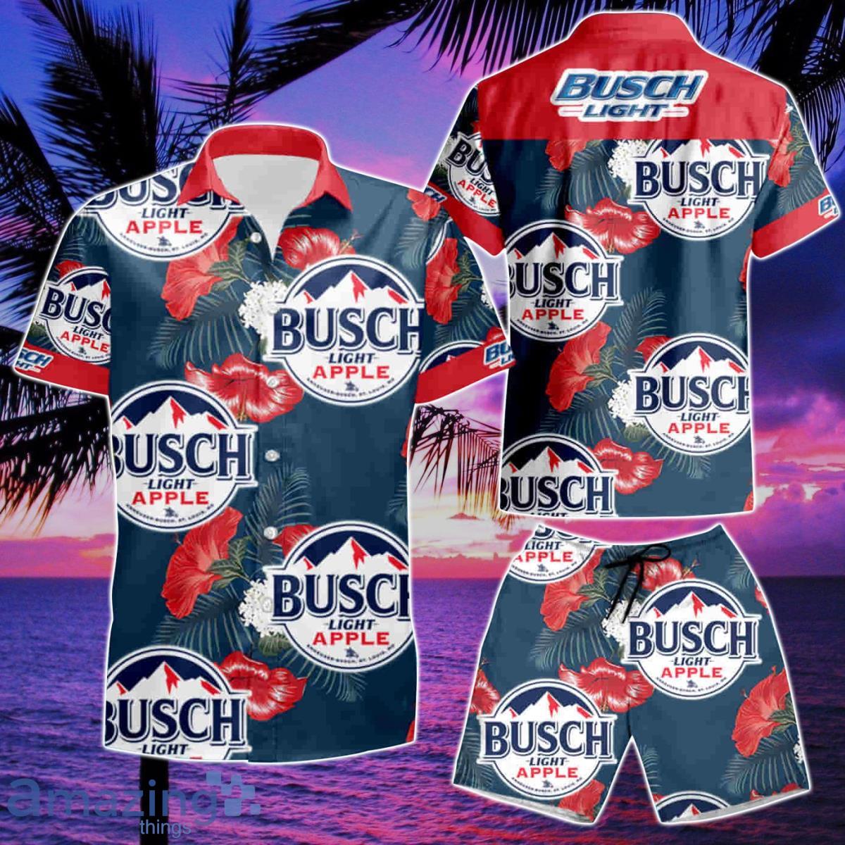 Beer Busch Light Apple Logo Hibiscus Flower Pattern Blue Red Summer Beach Hawaiian Shirt And Short image Beer Busch Light Apple Logo Hibiscus Flower Pattern Blue Red Summer Beach Hawaiian Shirt And Short Product Photo 2