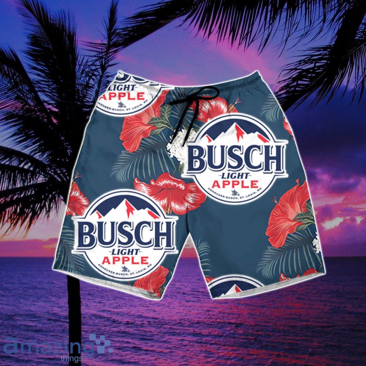 Beer Busch Light Apple Logo Hibiscus Flower Pattern Blue Red Summer Beach Hawaiian Shirt And Short image Beer Busch Light Apple Logo Hibiscus Flower Pattern Blue Red Summer Beach Hawaiian Shirt And Short Product Photo 3