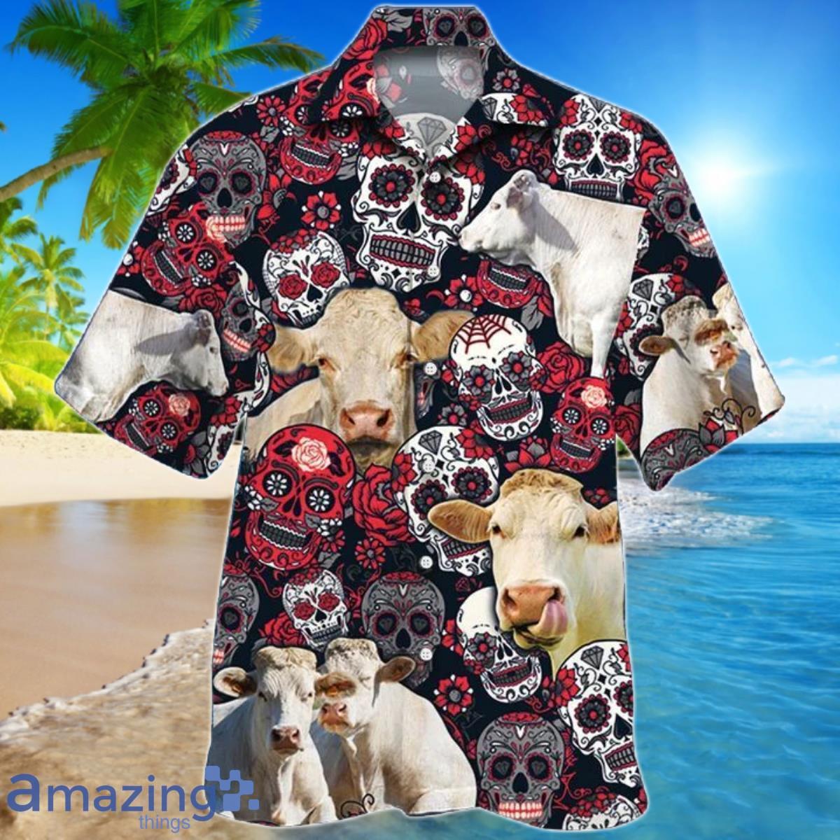 Charolais Cattle Lovers Sugar Skull Floral Hawaiian Shirt For Men And Women Product Photo 1