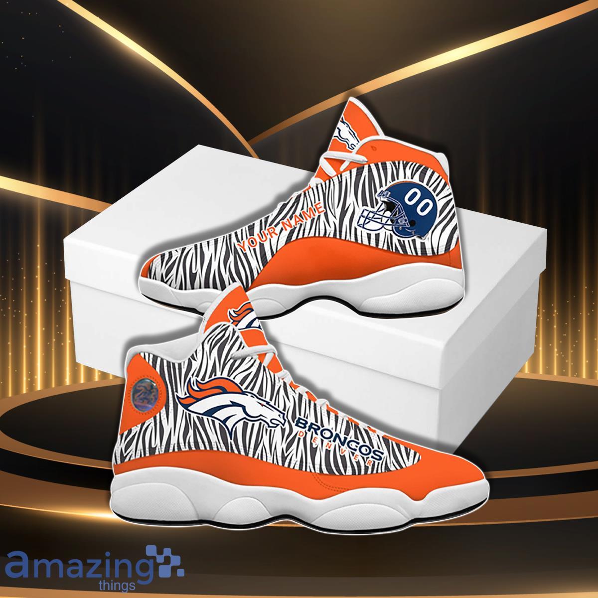 Denver Broncos Football Team Custom Name Air Jordan 13 Sneakers For Sport Fans Product Photo 1 Denver Broncos Football Team Custom Name Air Jordan 13 Sneakers For Sport Fans Product Photo 1