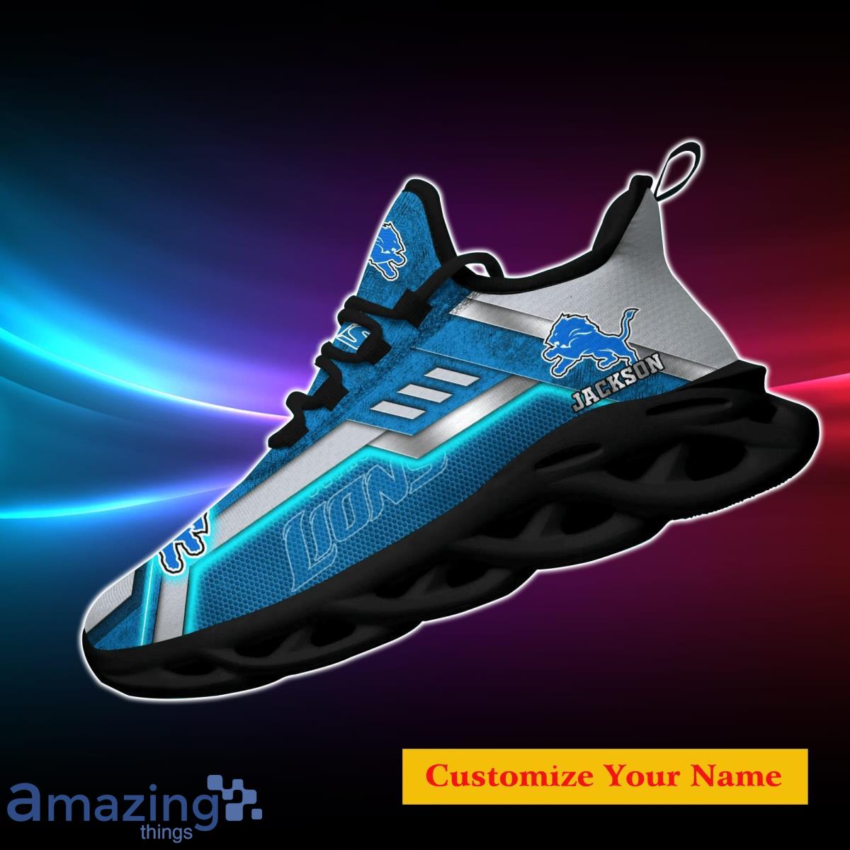 NFL Detroit Lions Custom Name Blue Black Max Soul Shoes Gift For Fans