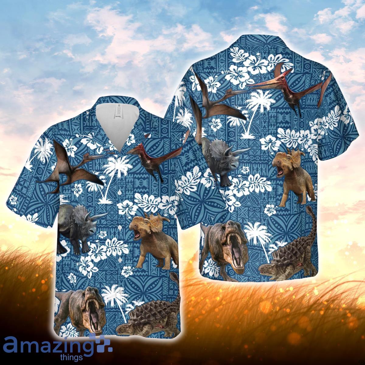 Dinosaur Blue Tribal All Over Printed 3D Hawaiian Shirt For Men Women Product Photo 1
