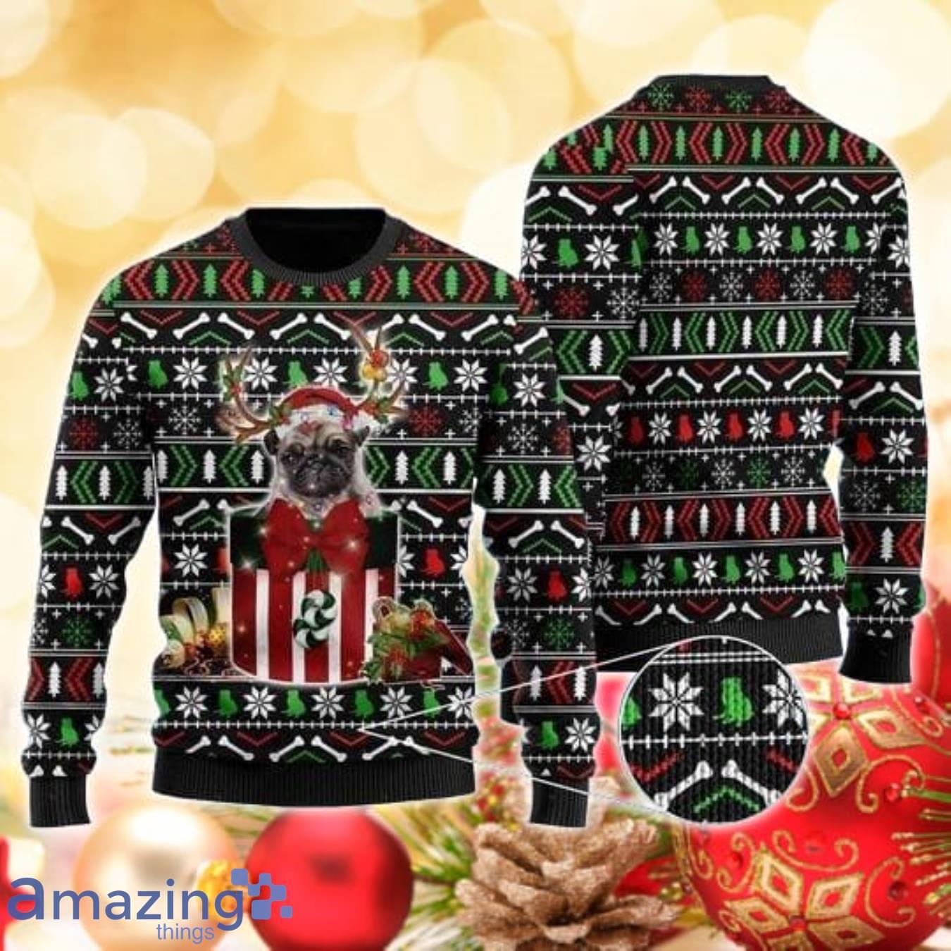 Funny Pug In The Gift Box 3D Sweater Ugly Christmas Sweater For Men Women Product Photo 1