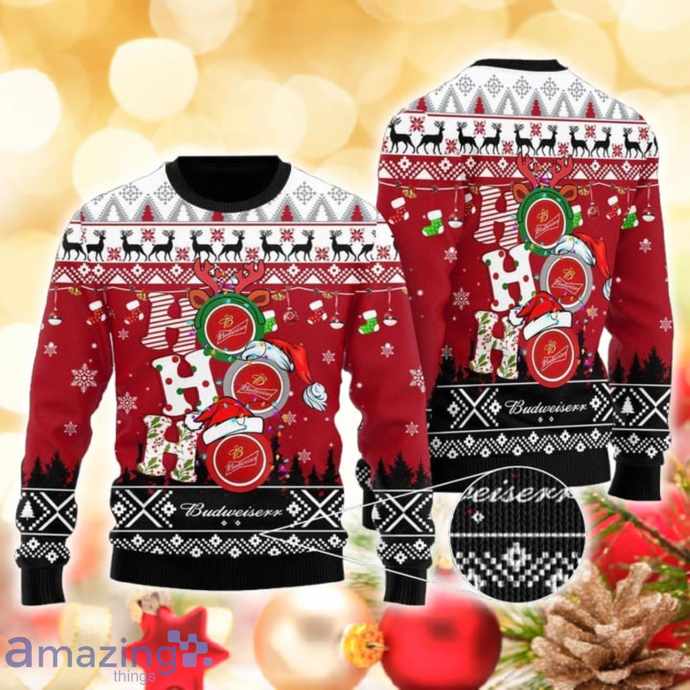 HoHoHo Budweiser Beer 3D Sweater Ugly Christmas Sweater For Men Women Product Photo 1