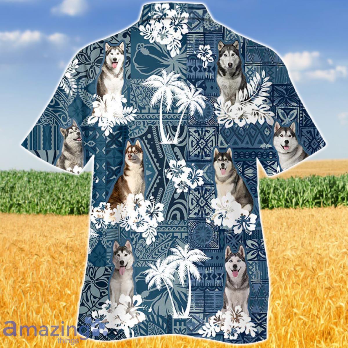 Husky In Tropical Plants Pattern Blue And White Hawaiian Shirt Aloha Shirt For Men Women Product Photo 2