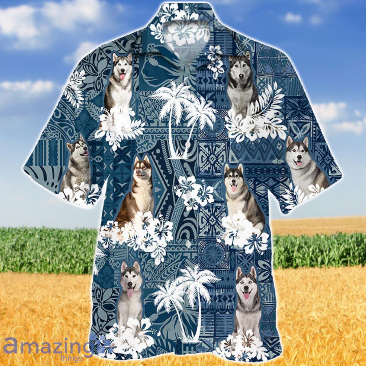Husky In Tropical Plants Pattern Blue And White Hawaiian Shirt Aloha Shirt For Men Women Product Photo 1