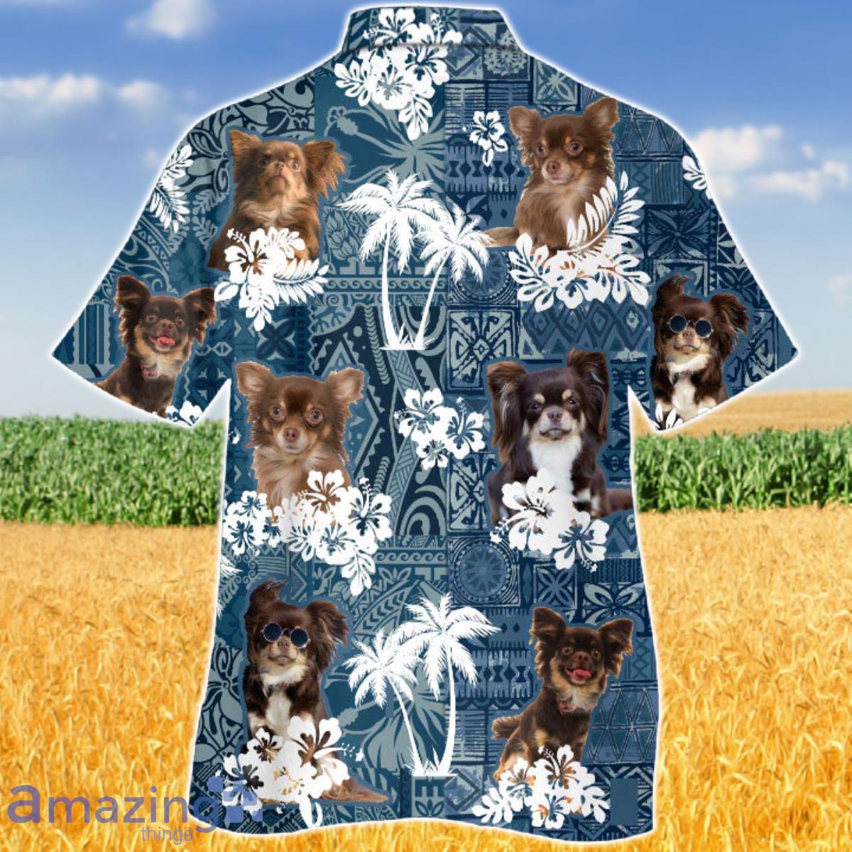 Long Haired Chihuahua In Tropical Plants Pattern Blue And White Hawaiian Shirt Aloha Shirt For Men Women Product Photo 2