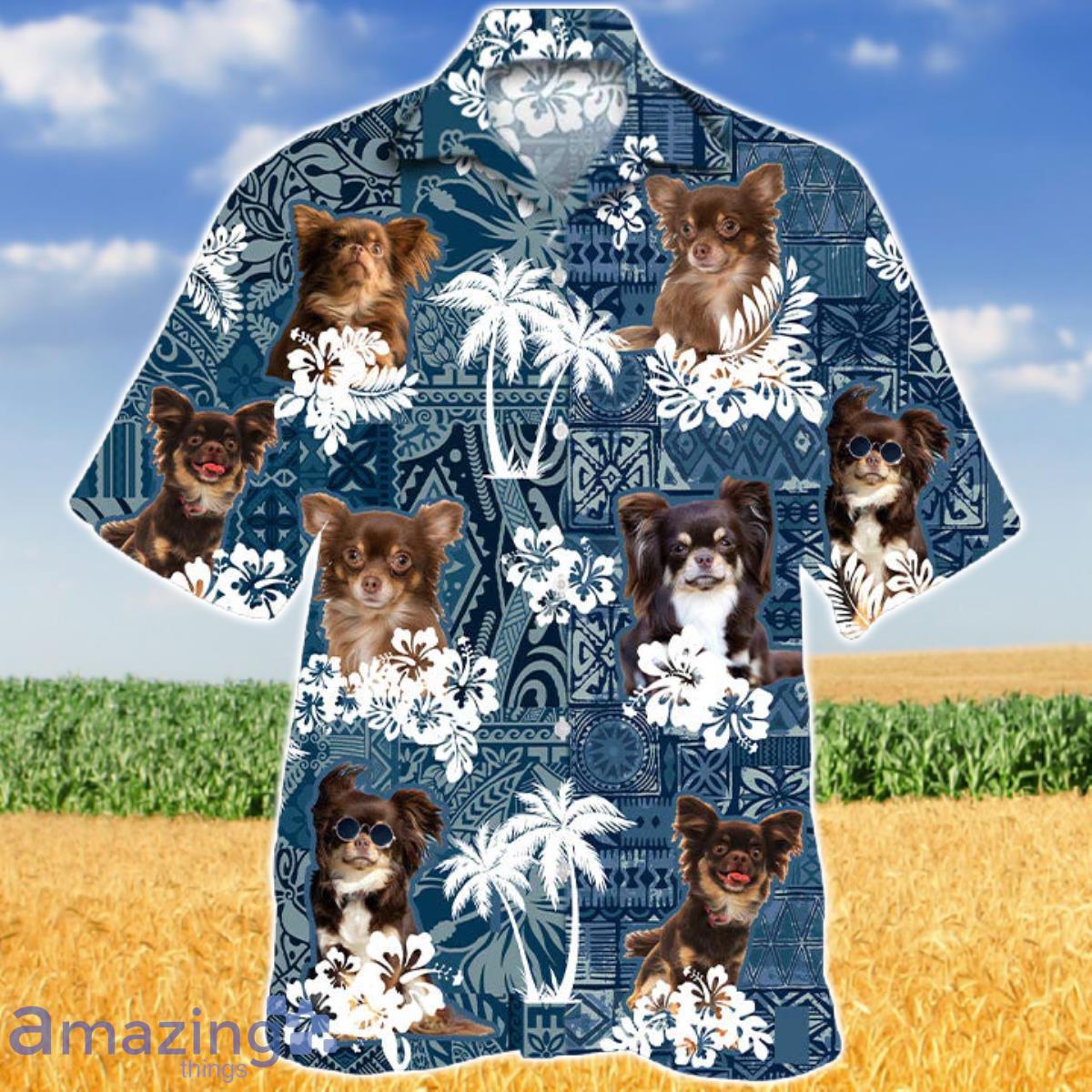 Long Haired Chihuahua In Tropical Plants Pattern Blue And White Hawaiian Shirt Aloha Shirt For Men Women Product Photo 1