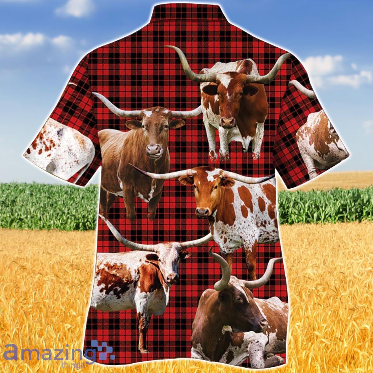 Longhorn Cattle Red Tartan Pattern Hawaiian Shirt Aloha Shirt For Men Women image Longhorn Cattle Red Tartan Pattern Hawaiian Shirt Aloha Shirt For Men Women Product Photo 2
