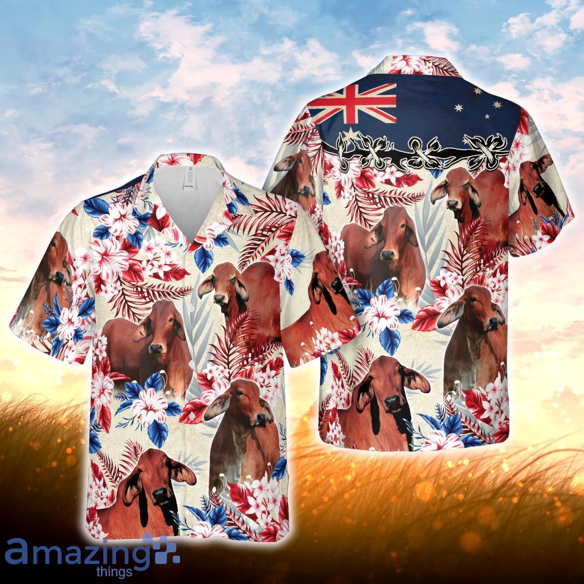 Red Brahman Cattle Australia Flag Hawaiian Flowers Hawaiian Shirt For Men Women Product Photo 1