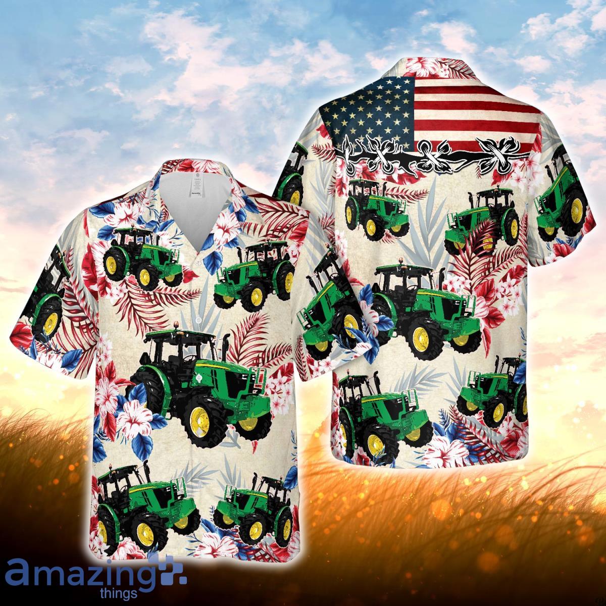 Tractors Hibiscus United State Flag All Over Printed 3D Hawaiian Shirt For Men Women Product Photo 1