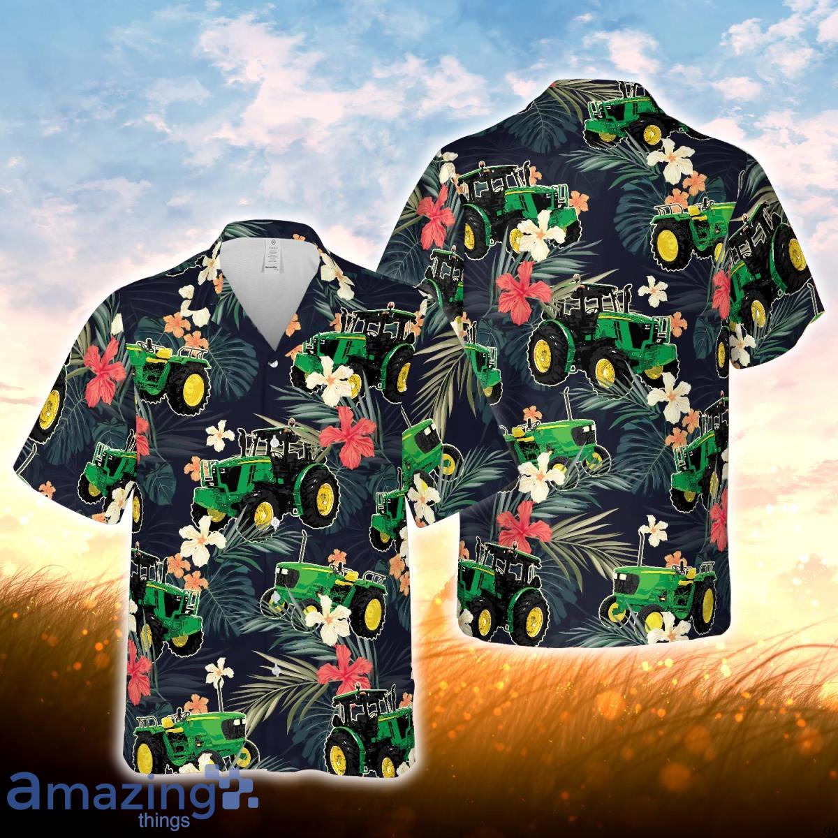 Tractors Tropical Plants Dark Blue All Over Printed 3D Hawaiian Shirt For Men Women Product Photo 1
