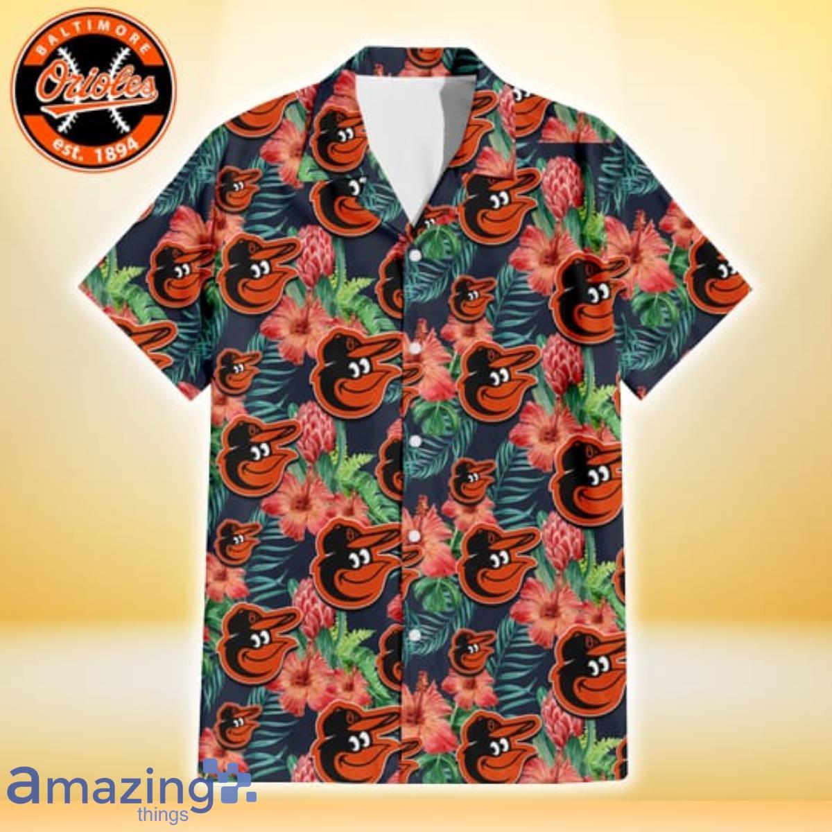 Baltimore Orioles Orange White Tropical Hibiscus Green Leaf 3D Hawaiian  Shirt