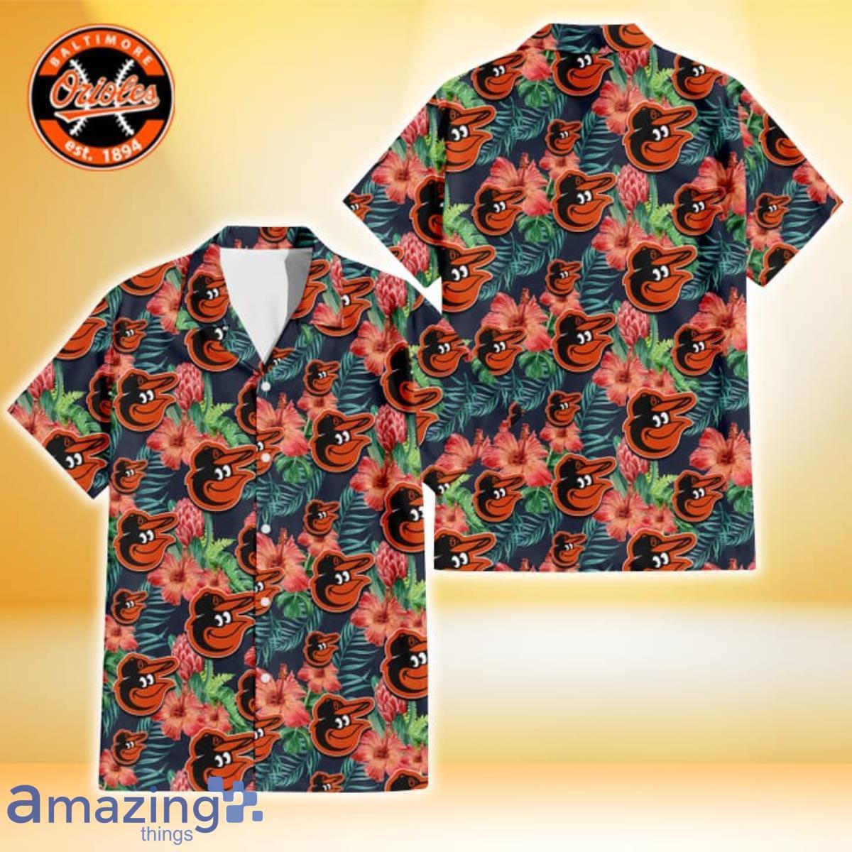 Baltimore Orioles Orange White Tropical Hibiscus Green Leaf 3D Hawaiian  Shirt