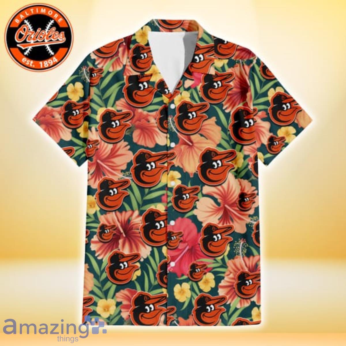 Baltimore Orioles Orange Red Hibiscus Green Leaf Dark Background 3D  Hawaiian Shirt