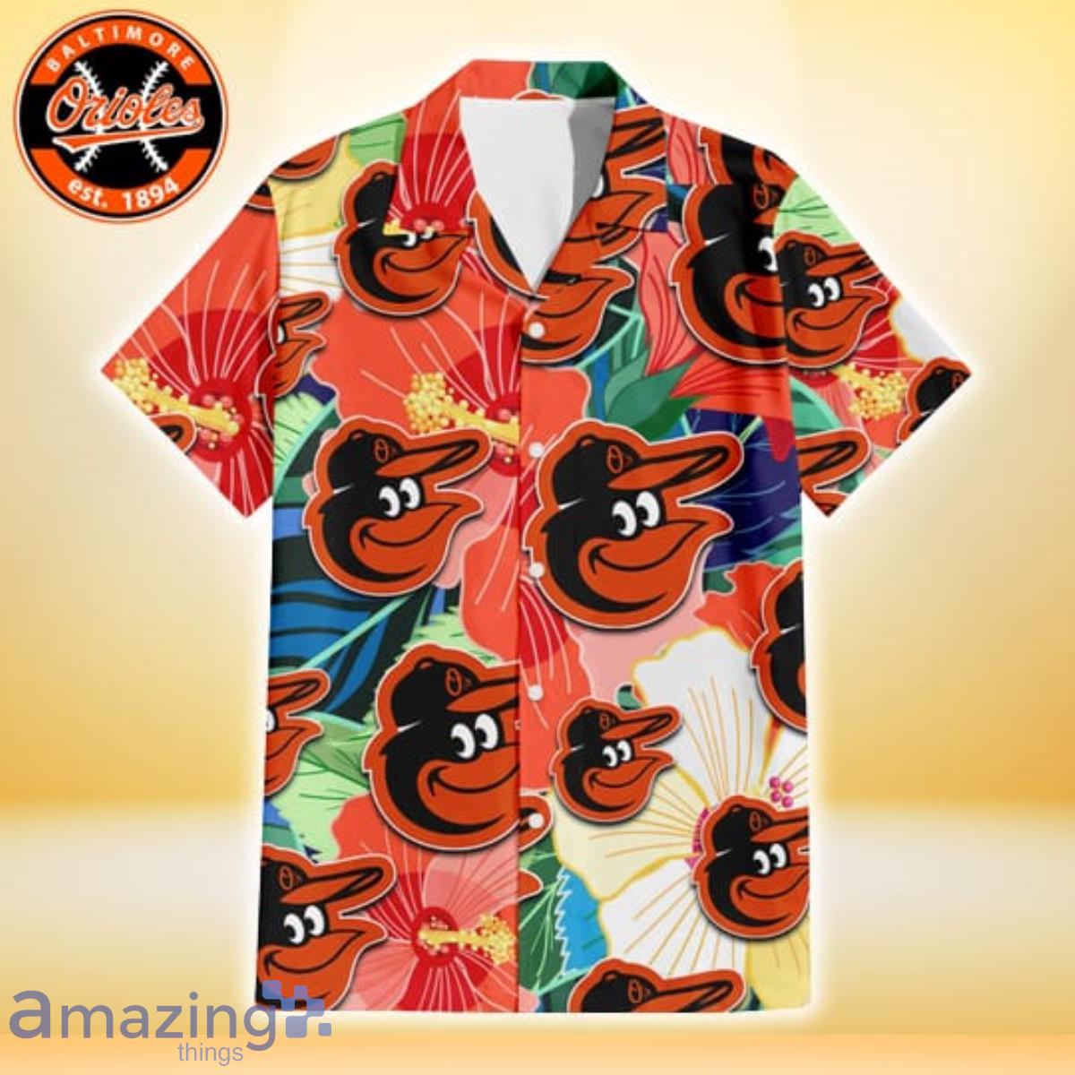 Baltimore Orioles Orange White Tropical Hibiscus Green Leaf 3D Hawaiian  Shirt