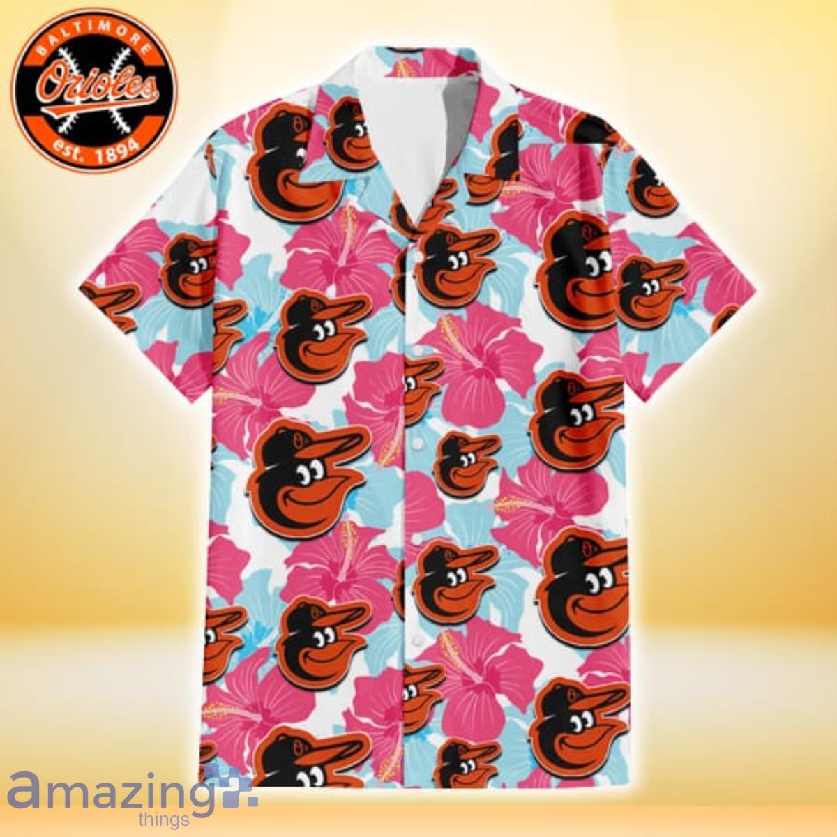 Baltimore Orioles White Purple Hibiscus Pink Hummingbird Pink Background 3D  Hawaiian Shirt