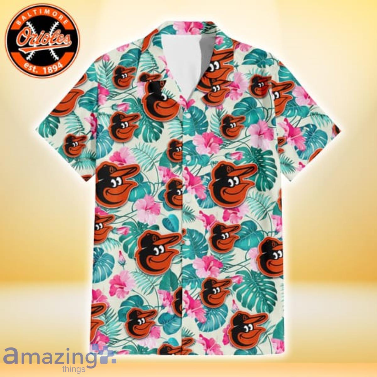 Baltimore Orioles Pink Hibiscus Green Leaf Beige Background 3D Hawaiian  Shirt