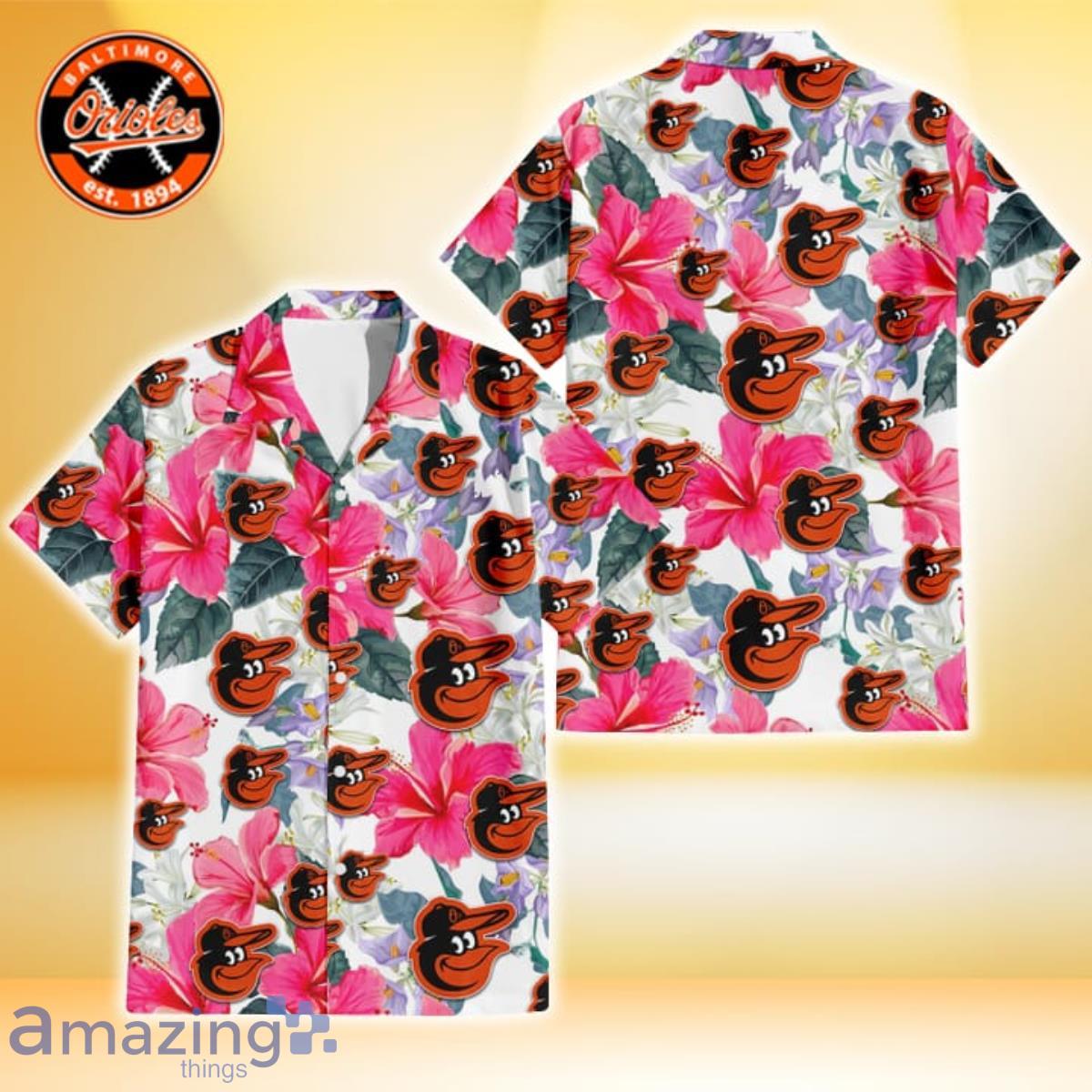 Baltimore Orioles White Purple Hibiscus Pink Hummingbird Pink Background 3D  Hawaiian Shirt