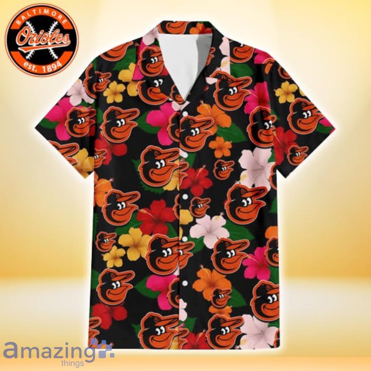 Baltimore Orioles Logo And Red Pink White Hibiscus 3D Hawaiian Shirt For  Fans