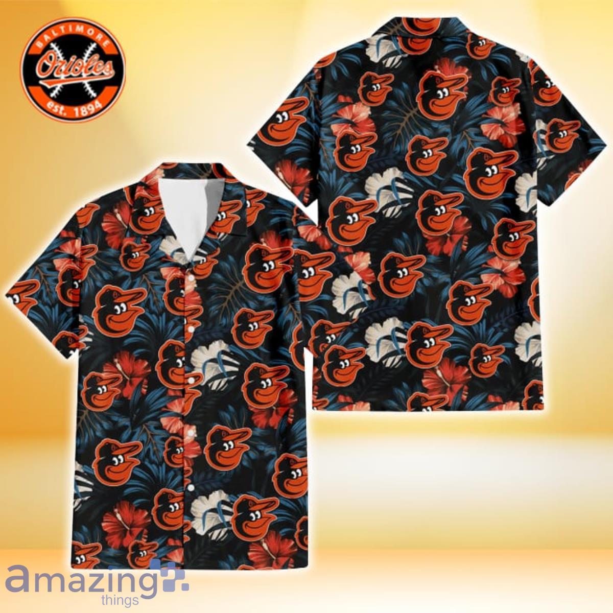 Baltimore Orioles Red And White Hibiscus Dark Leaf Black Background 3D Hawaiian Shirt Product Photo 1