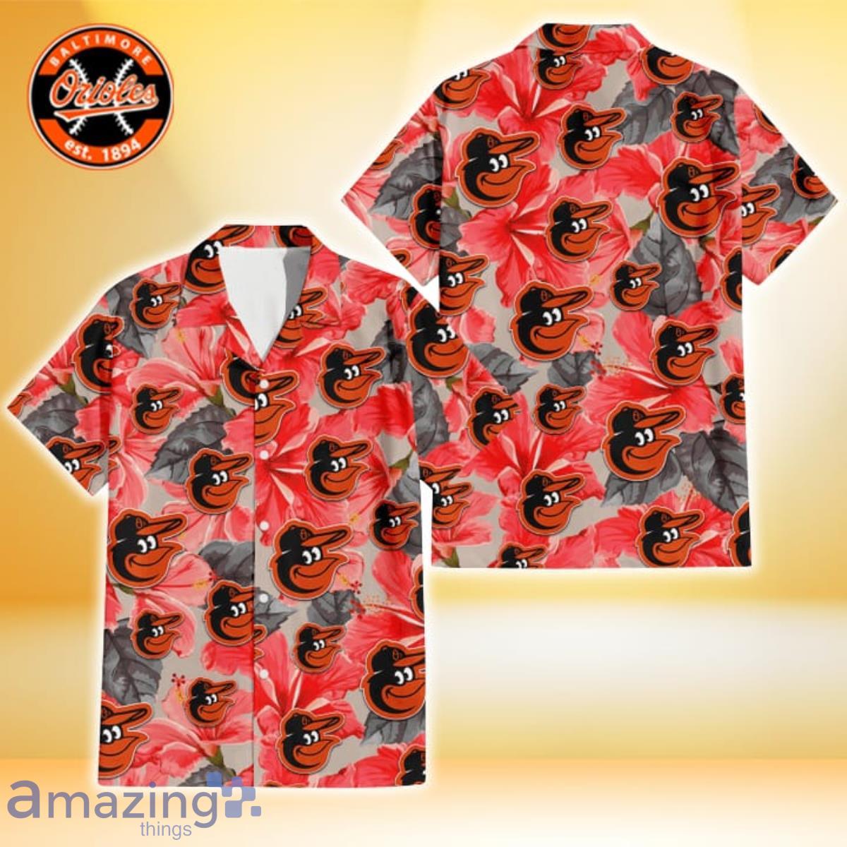 Baltimore Orioles Red Hibiscus Gray Leaf Beige Background 3D Hawaiian Shirt Product Photo 1