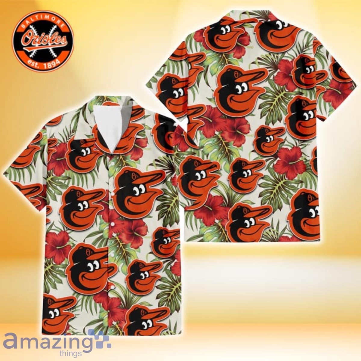 Baltimore Orioles Orange Red Hibiscus Green Leaf Dark Background 3D  Hawaiian Shirt