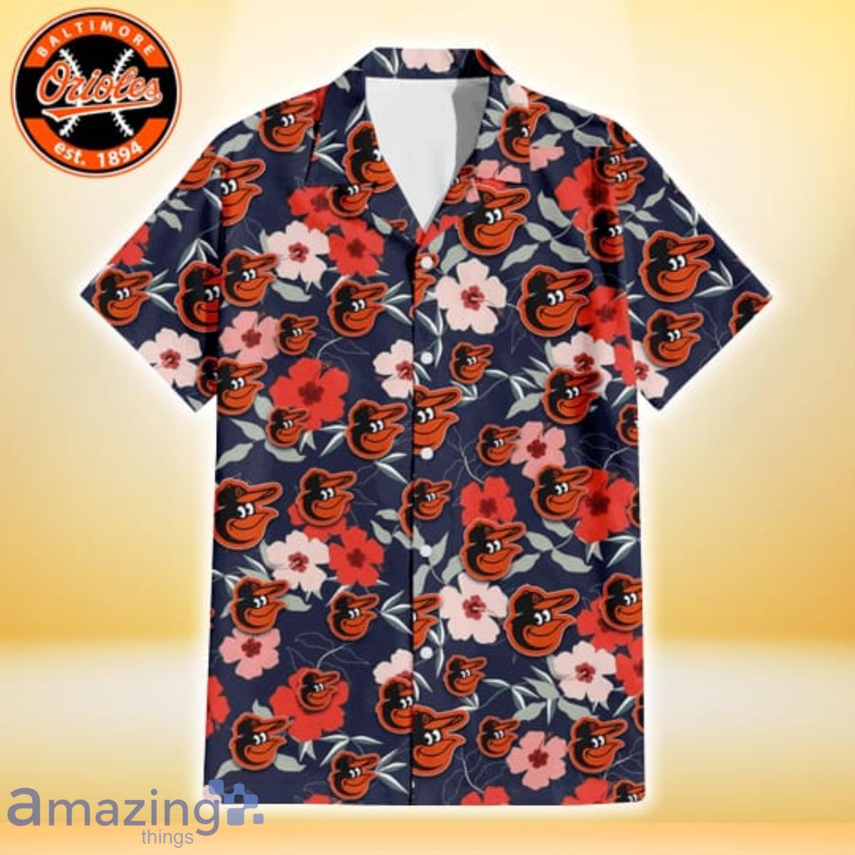 Baltimore Orioles Logo And Red Pink White Hibiscus 3D Hawaiian Shirt For  Fans