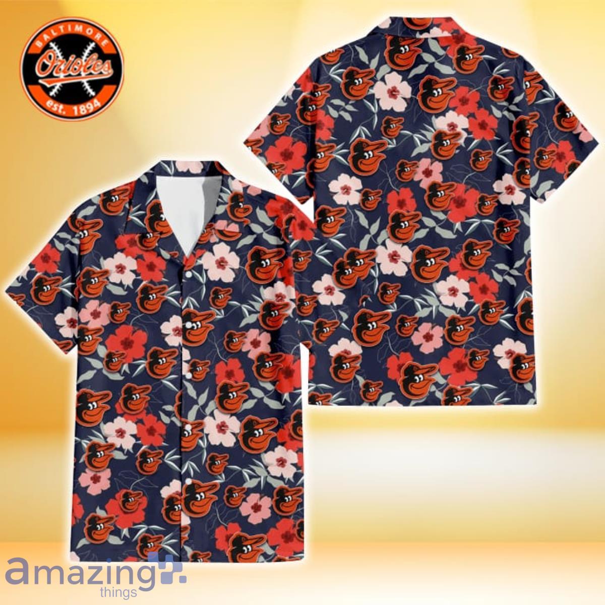 Baltimore Orioles Logo And Red Pink White Hibiscus 3D Hawaiian Shirt For  Fans