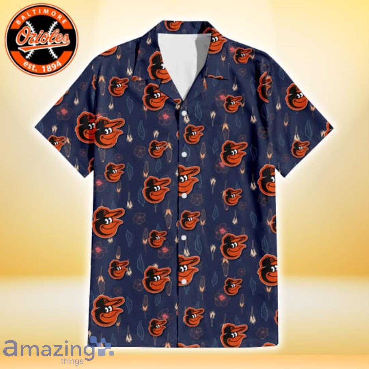 Baltimore Orioles Small Hibiscus Buds Navy Background 3D Hawaiian Shirt image Baltimore Orioles Small Hibiscus Buds Navy Background 3D Hawaiian Shirt Product Photo 2