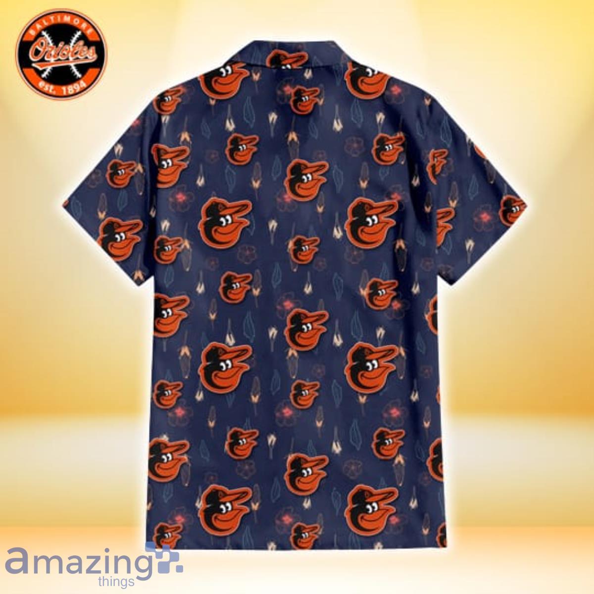 Baltimore Orioles Small Hibiscus Buds Navy Background 3D Hawaiian Shirt image Baltimore Orioles Small Hibiscus Buds Navy Background 3D Hawaiian Shirt Product Photo 3