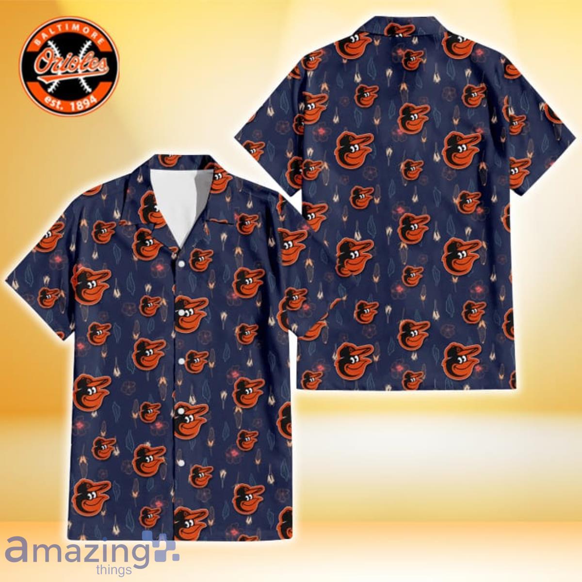 Baltimore Orioles Small Hibiscus Buds Navy Background 3D Hawaiian Shirt Product Photo 1