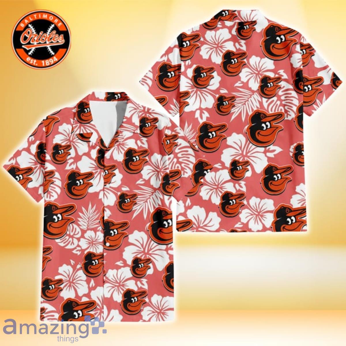 Baltimore Orioles Light Salmon Hibiscus Green Leaf White Background 3D  Hawaiian Shirt - Limotees