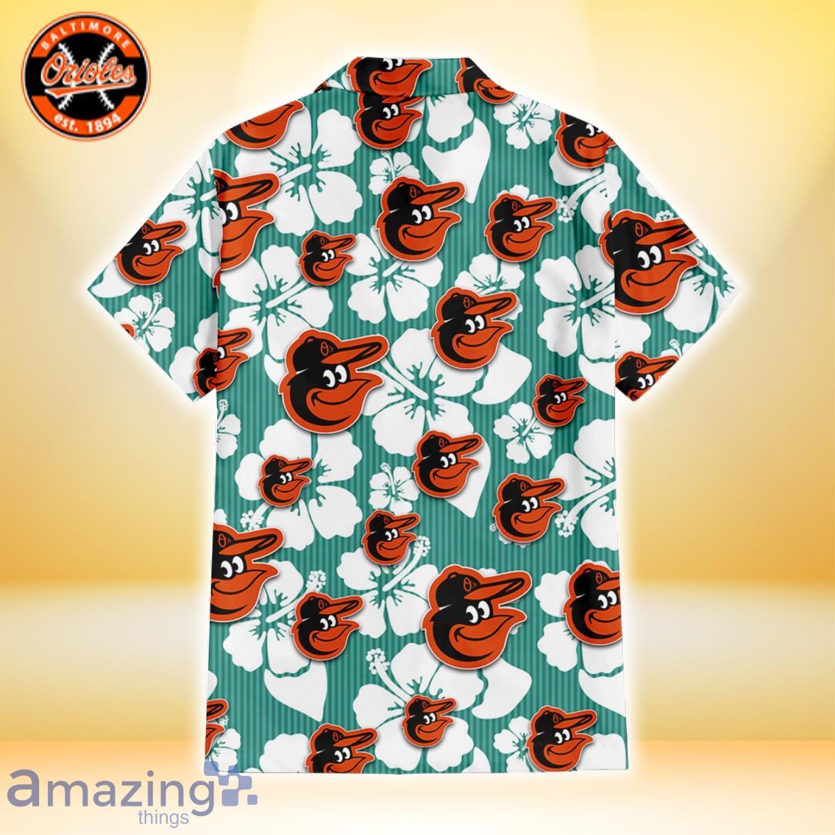 Baltimore Orioles Pink Yellow White Hibiscus Turquoise Background 3D  Hawaiian Shirt