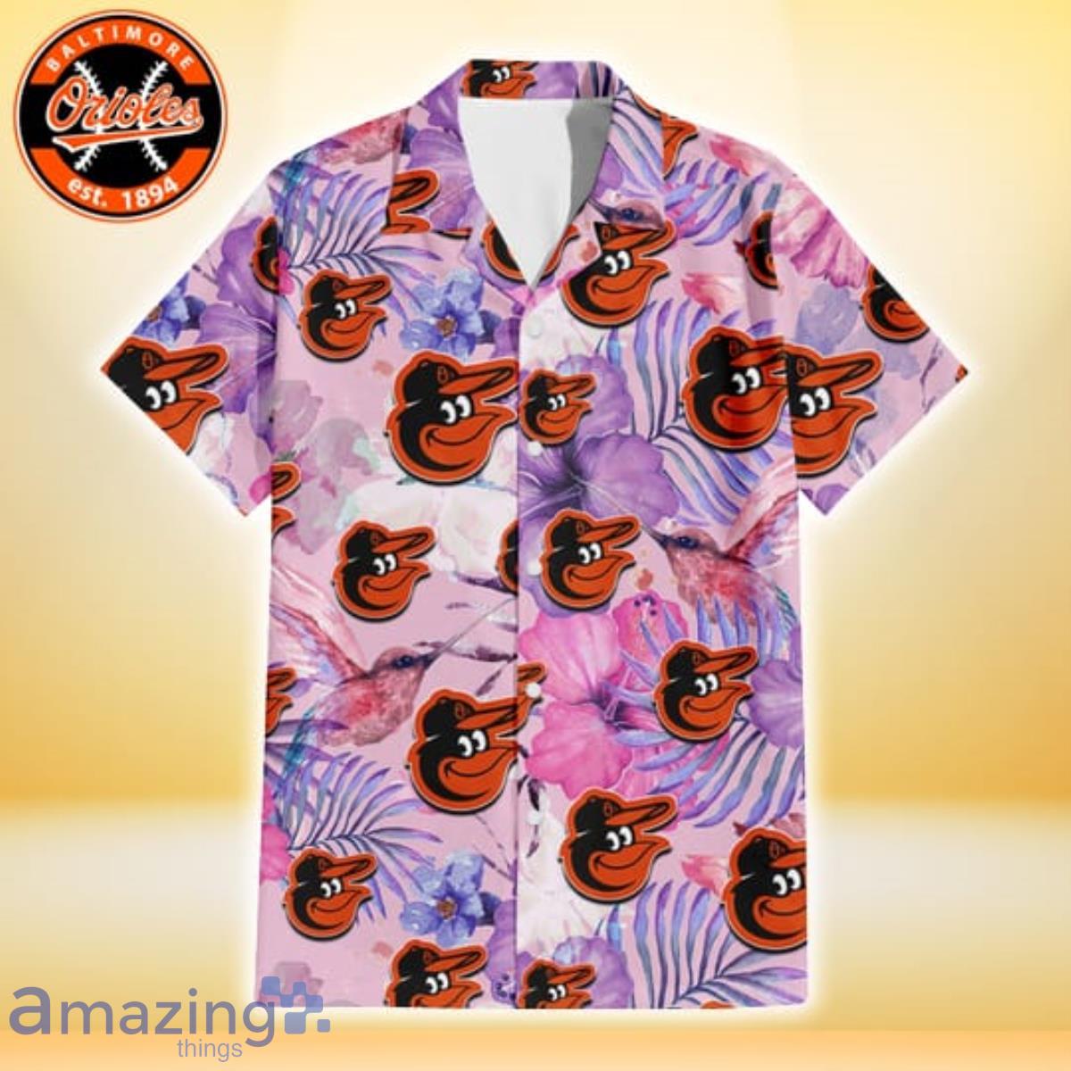 Baltimore Orioles White Purple Hibiscus Pink Hummingbird Pink Background 3D  Hawaiian Shirt