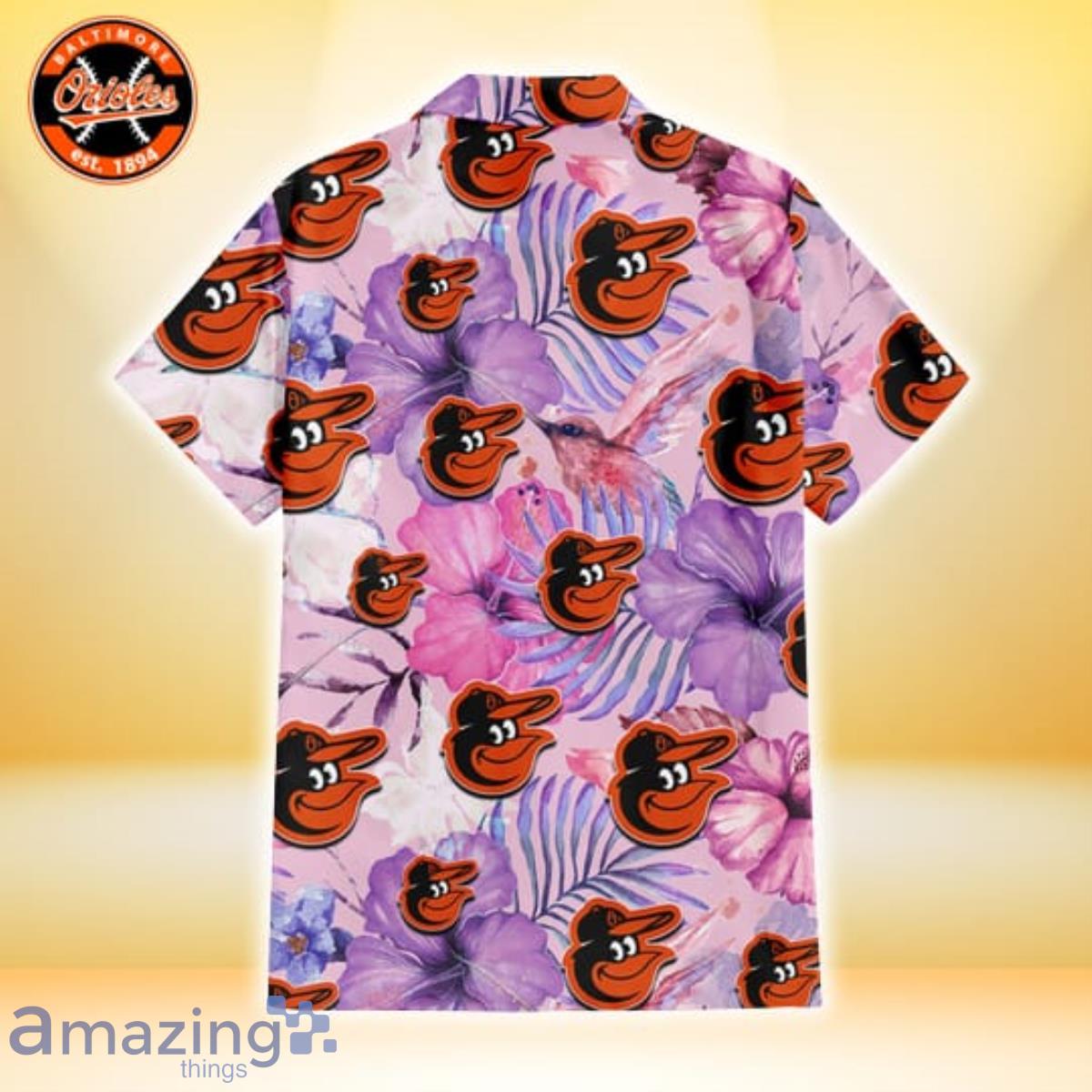 Baltimore Orioles White Purple Hibiscus Pink Hummingbird Pink Background 3D  Hawaiian Shirt