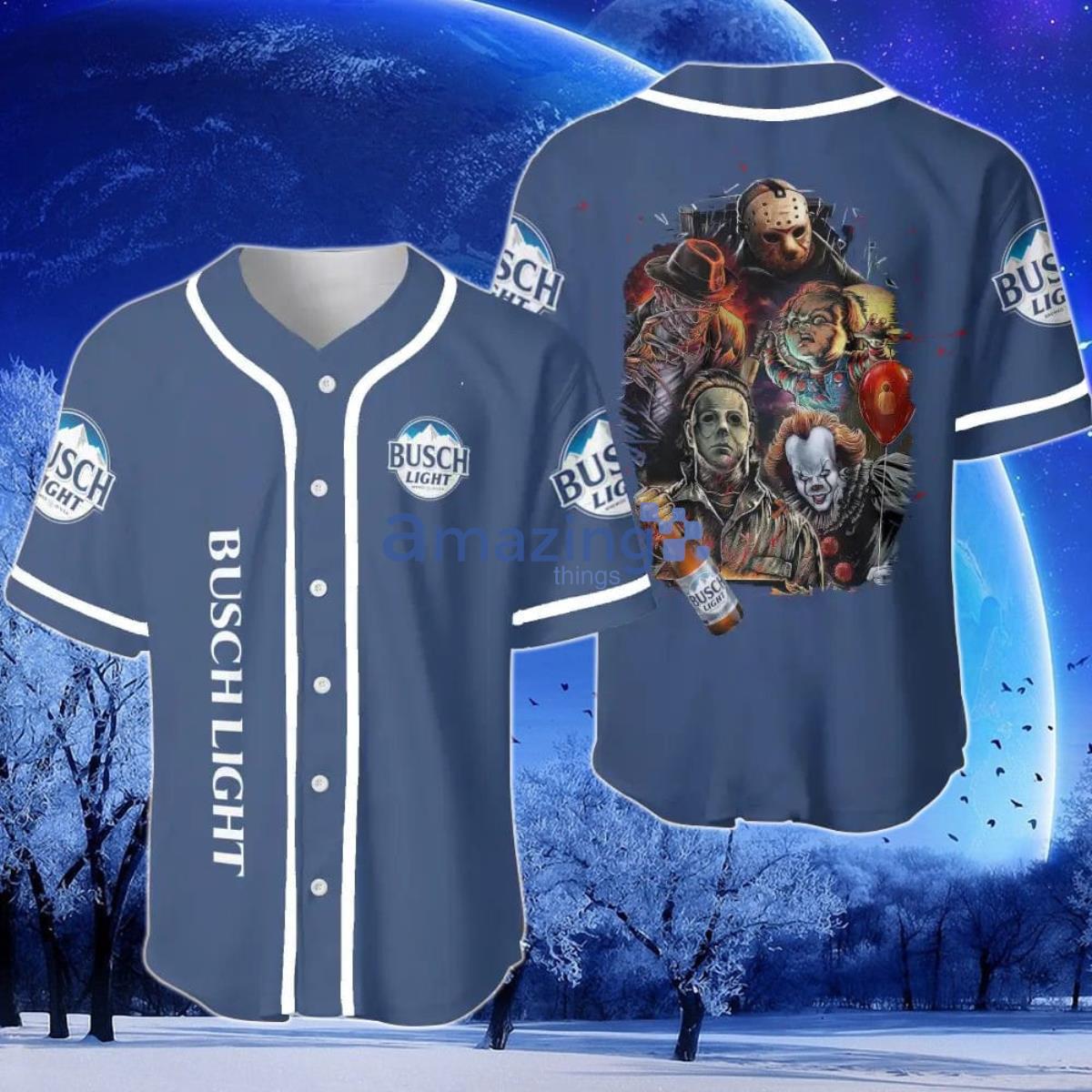 Busch Light Beer Halloween Horror Character Baseball Jersey Product Photo 1 Busch Light Beer Halloween Horror Character Baseball Jersey Product Photo 1