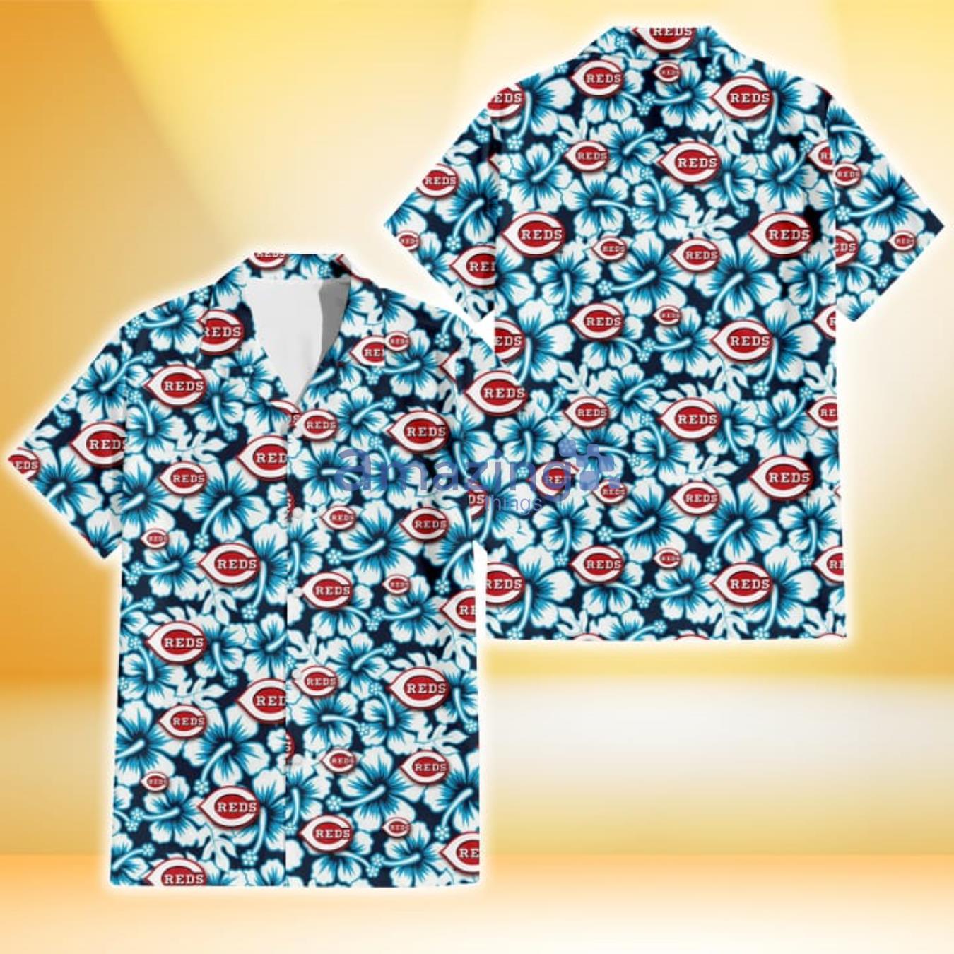 Cincinnati Reds Blue Line White Hibiscus Black Background 3D Hawaiian Shirt Gift For Fans Product Photo 1