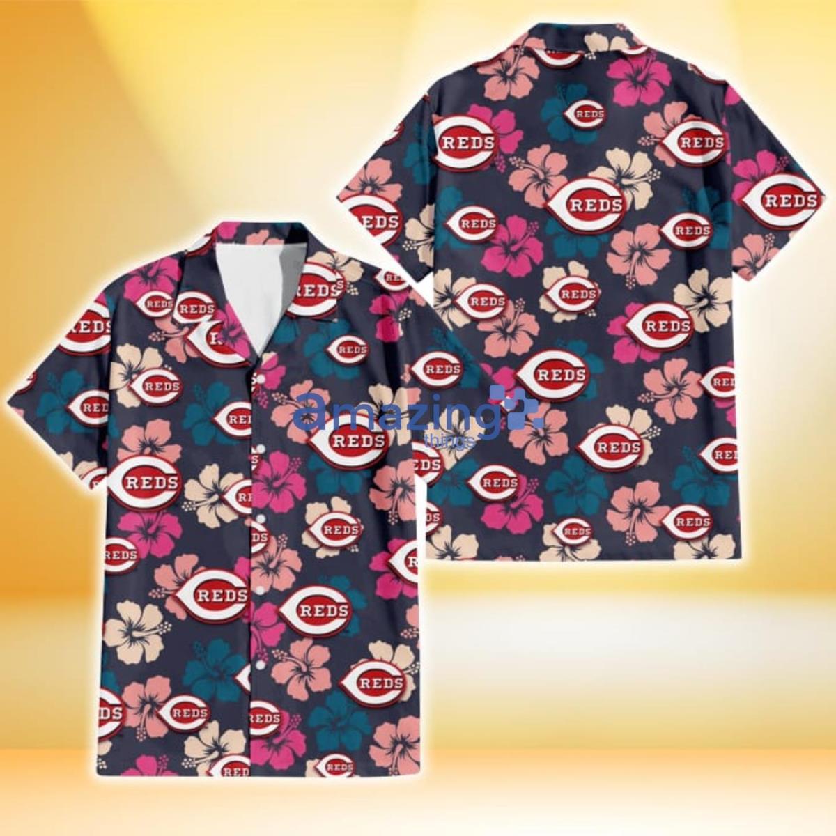 Cincinnati Reds Colorful Hibiscus Black Background 3D Hawaiian Shirt Gift For Fans Product Photo 1