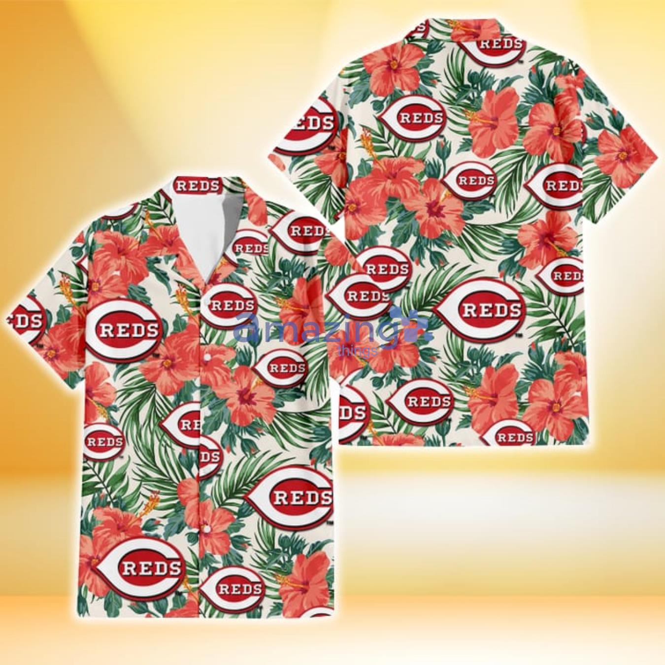 Cincinnati Reds Coral Hibiscus Green Leaf Beige Background 3D Hawaiian Shirt Gift For Fans Product Photo 1
