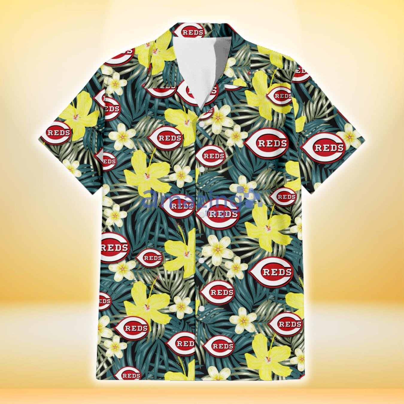 Cincinnati Reds Hibiscus Green Palm Leaf Black Background 3D Hawaiian Shirt Gift For Fans image Cincinnati Reds Hibiscus Green Palm Leaf Black Background 3D Hawaiian Shirt Gift For Fans Product Photo 2