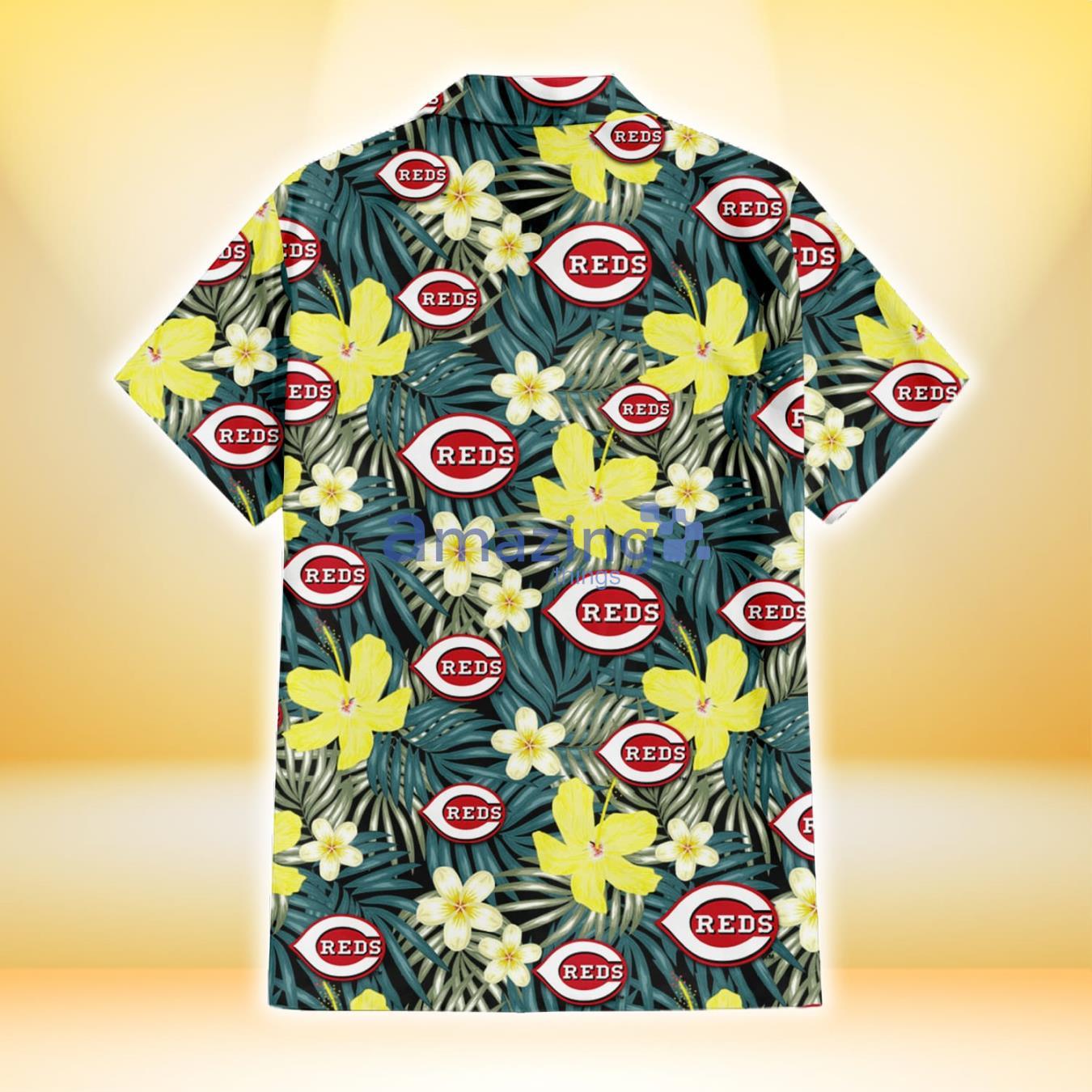 Cincinnati Reds Hibiscus Green Palm Leaf Black Background 3D Hawaiian Shirt Gift For Fans image Cincinnati Reds Hibiscus Green Palm Leaf Black Background 3D Hawaiian Shirt Gift For Fans Product Photo 3