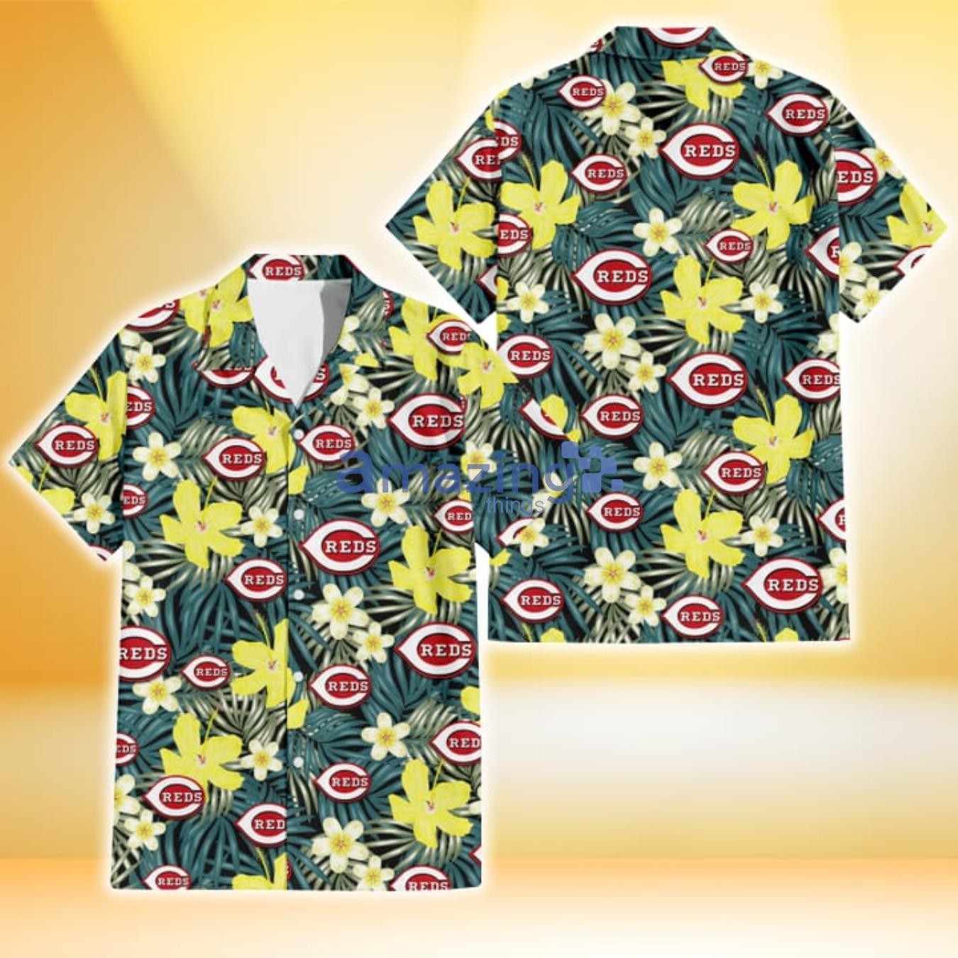 Cincinnati Reds Hibiscus Green Palm Leaf Black Background 3D Hawaiian Shirt Gift For Fans Product Photo 1