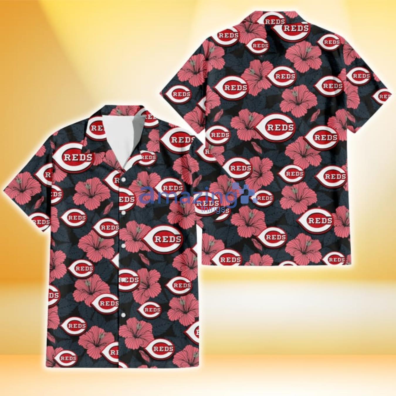 Cincinnati Reds Light Coral Hibiscus Gray Leaf Black Background 3D Hawaiian Shirt Gift For Fans Product Photo 1