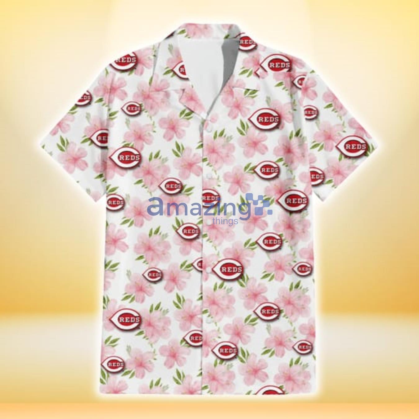 Cincinnati Reds Light Pink Hibiscus White Background 3D Hawaiian Shirt Gift For Fans image Cincinnati Reds Light Pink Hibiscus White Background 3D Hawaiian Shirt Gift For Fans Product Photo 2