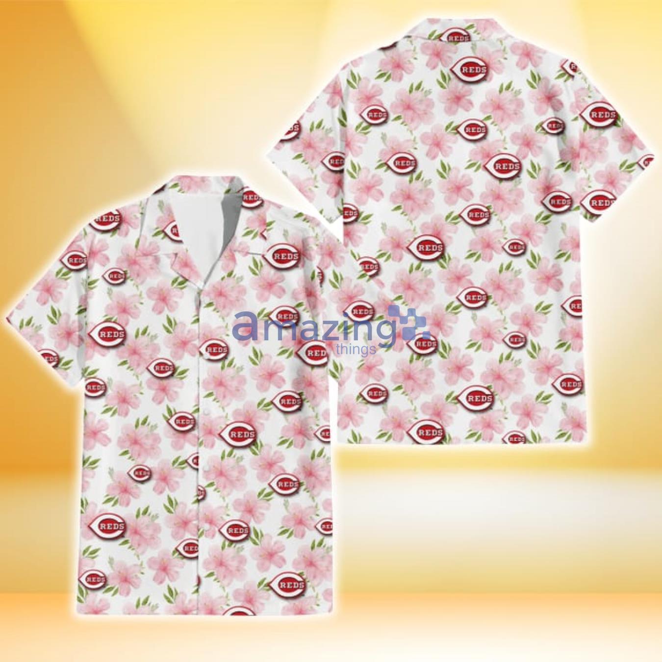 Cincinnati Reds Light Pink Hibiscus White Background 3D Hawaiian Shirt Gift For Fans Product Photo 1